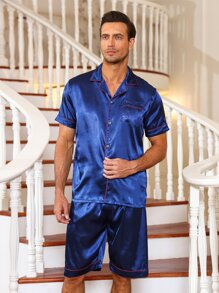 Men Contrast Piping Lapel Collar PJ Set - Blue - View 3