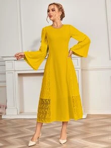 Vestido renda de contraste manga de trombeta - Amarelo - Ver 3