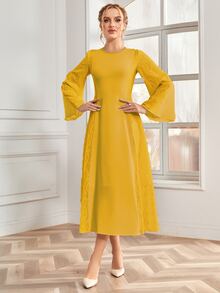 Vestido renda de contraste manga de trombeta - Amarelo - Ver 4