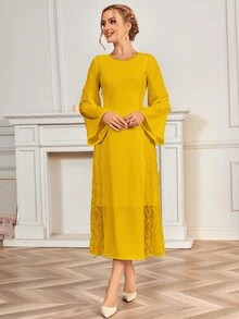 Vestido renda de contraste manga de trombeta - Amarelo - Ver 5