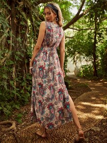 S BETRO Paisley Print Contrast Lace Split Thigh Dress - Multicolor - View 2