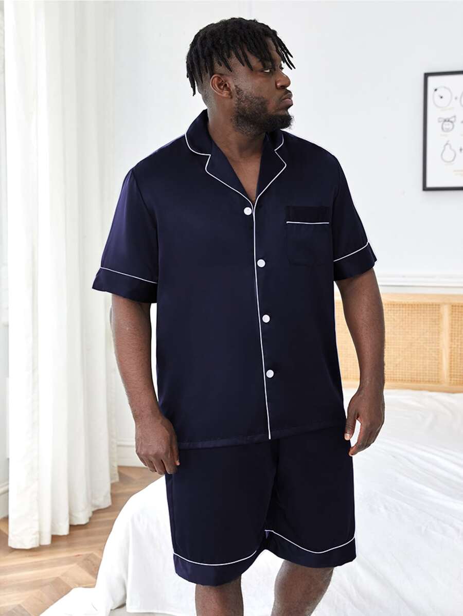 Hombres Conjunto de pijama ribete en contraste de satén - Azul Marino - Ver 1