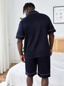 Hombres Conjunto de pijama ribete en contraste de satén - Azul Marino - Ver 2