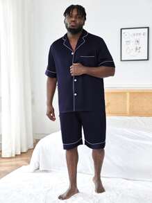 Hombres Conjunto de pijama ribete en contraste de satén - Azul Marino - Ver 3