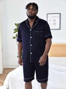 Hombres Conjunto de pijama ribete en contraste de satén - Azul Marino - Ver 4