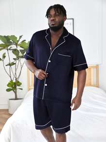 Hombres Conjunto de pijama ribete en contraste de satén - Azul Marino - Ver 5