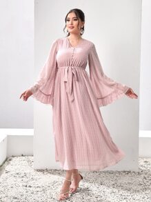 Modelyn Swiss Dot Flounce Sleeve Belted Dress - Baby Pink - View 6