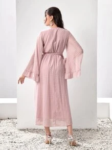 Modelyn Swiss Dot Flounce Sleeve Belted Dress - Baby Pink - View 2