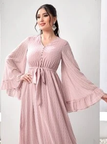 Modelyn Swiss Dot Flounce Sleeve Belted Dress - Baby Pink - View 3