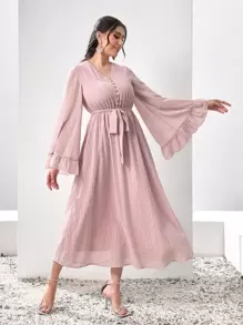 Modelyn Swiss Dot Flounce Sleeve Belted Dress - Baby Pink - View 1