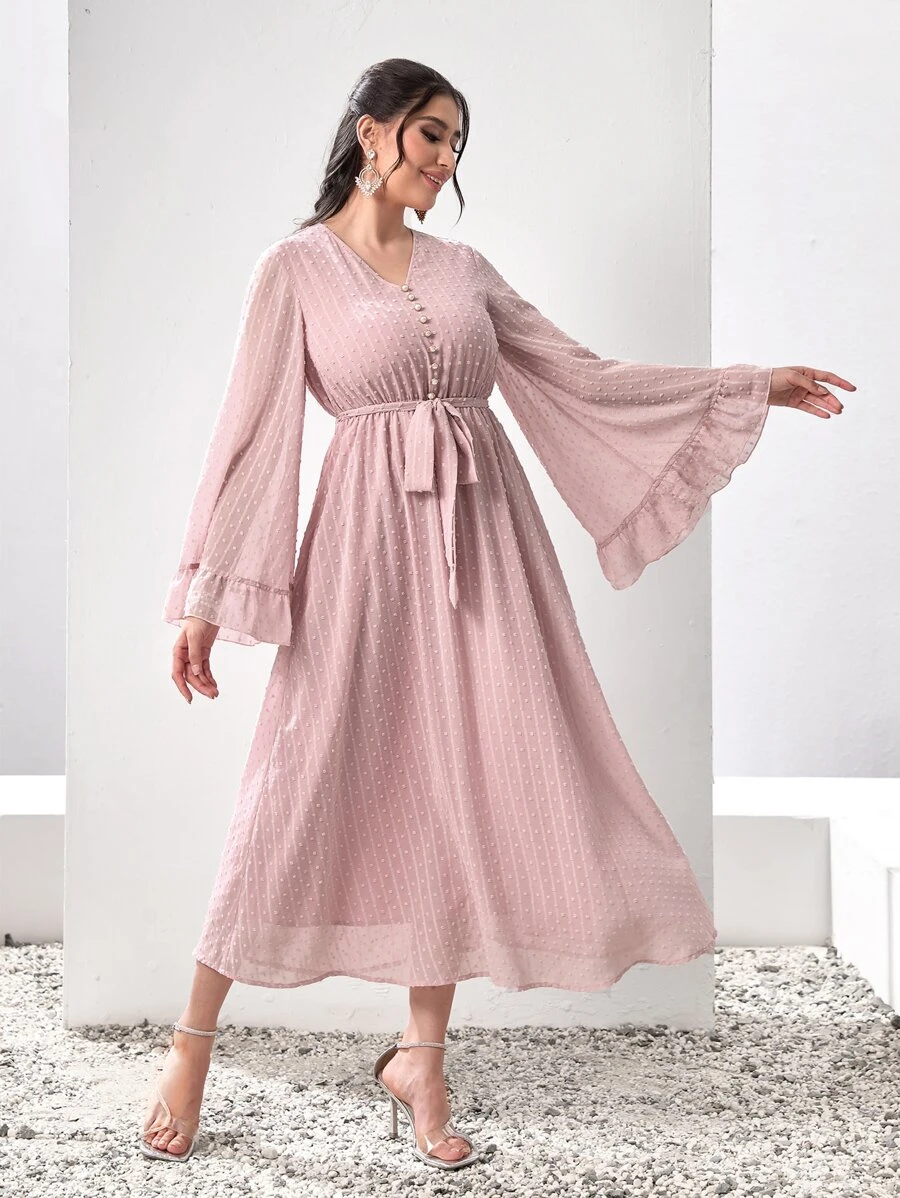 Modelyn Swiss Dot Flounce Sleeve Belted Dress - Baby Pink - View 1