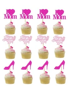 12入組/套紙蛋糕心和字母設計蛋糕插件裝飾適用於母親節 - 彩色 - 查看 1