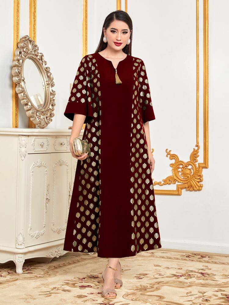Burgundy Red Tassel Detail Notched Neckline Jalabiya, Modest Kaftan