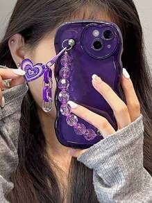 Heart Pendant Wavy Frame Phone Case With Hand Strap - Purple - View 1
