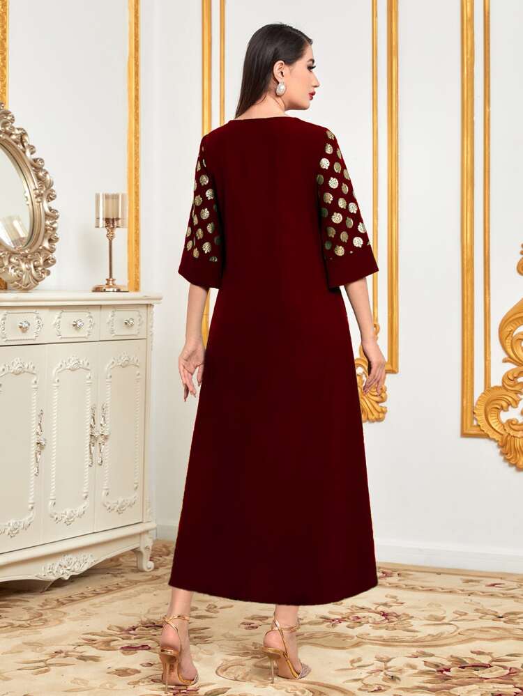 Burgundy Red Tassel Detail Notched Neckline Jalabiya, Modest Kaftan
