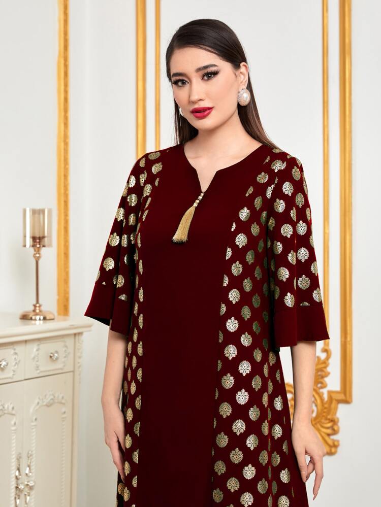 Burgundy Red Tassel Detail Notched Neckline Jalabiya, Modest Kaftan