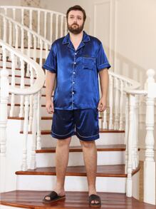 Men Contrast Piping Lapel Collar PJ Set - Blue - View 1