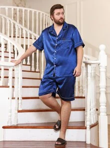 Men Contrast Piping Lapel Collar PJ Set - Blue - View 5