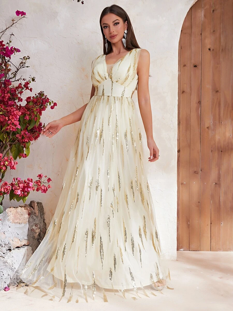 YISIKADO Contrast Sequin Mesh Overlay Maxi Formal Dress - Beige - View 1