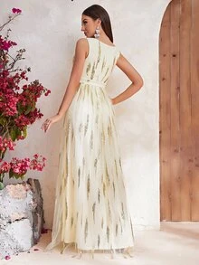 YISIKADO Contrast Sequin Mesh Overlay Maxi Formal Dress - Beige - View 2