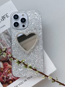 银色Y2K水钻爱心设计镜面装饰手机壳,国际版,非国内版 - 白色 - 查看 3