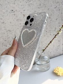 银色Y2K水钻爱心设计镜面装饰手机壳,国际版,非国内版 - 白色 - 查看 4
