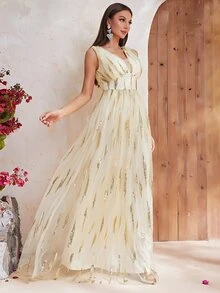 YISIKADO Contrast Sequin Mesh Overlay Maxi Formal Dress - Beige - View 5