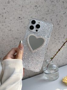 银色Y2K水钻爱心设计镜面装饰手机壳,国际版,非国内版 - 白色 - 查看 5