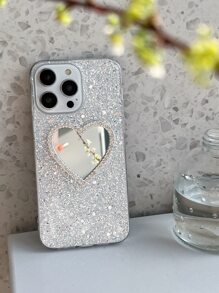 银色Y2K水钻爱心设计镜面装饰手机壳,国际版,非国内版 - 白色 - 查看 7