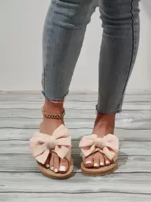 Women's Flat Sandals With Bow Knot Decoration, Slippers - Beige - View 3
