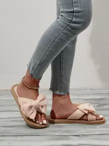 Women's Flat Sandals With Bow Knot Decoration, Slippers - Beige - View 4