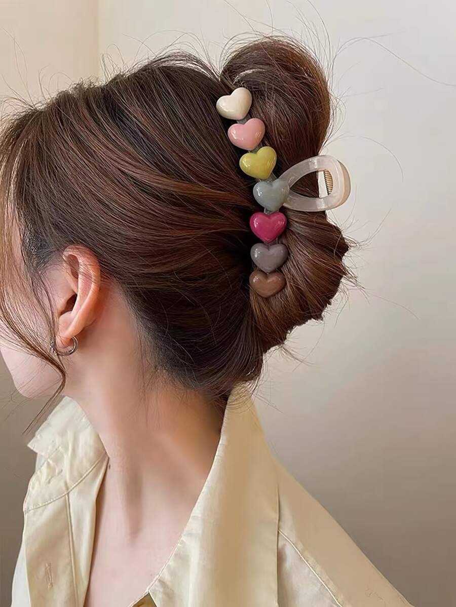 1入摩蘭迪色系心形裝飾時尚捲髮夾,可愛的髮飾品 - 彩色 - 查看 1