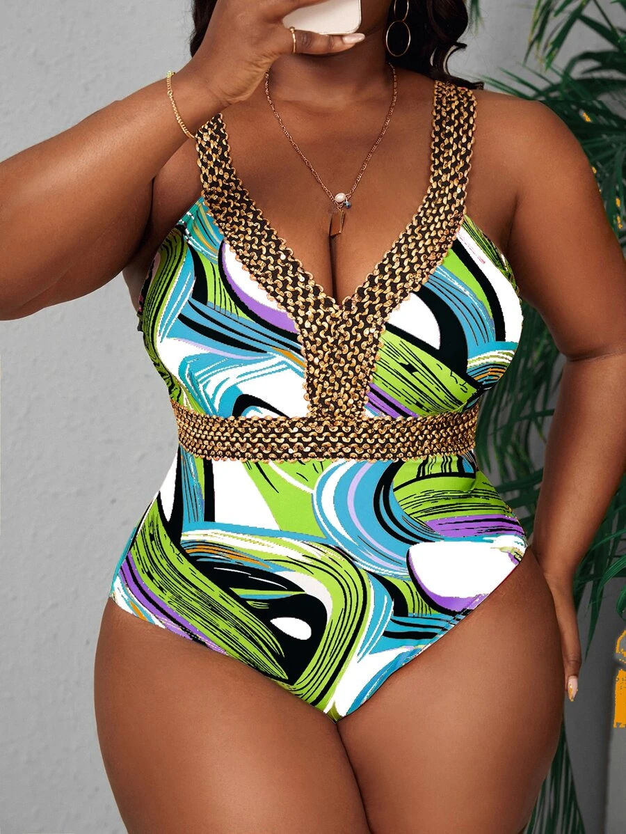 SHEIN Slayr Plus Allover Print Stitch Detail One Piece Swimsuit - Multicolor - View 1