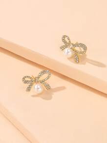 Rhinestone Bow & Faux Pearl Decor Stud Earrings Bow Rhinestone Pearl Stud Earrings Women's Elegant Jewelry Women's Accessories - Yellow Gold - View 2