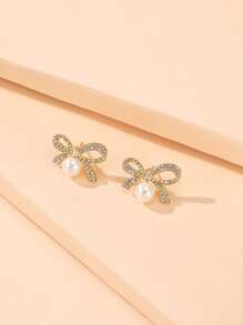 Rhinestone Bow & Faux Pearl Decor Stud Earrings Bow Rhinestone Pearl Stud Earrings Women's Elegant Jewelry Women's Accessories - Yellow Gold - View 4