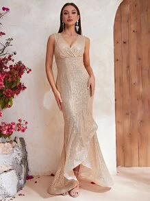 YISIKADO Surplice Neck Mermaid Hem Sequin Formal Dress - Champagne - View 1