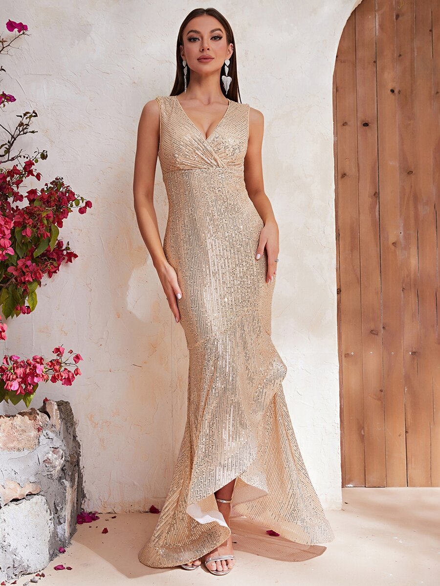 YISIKADO Surplice Neck Mermaid Hem Sequin Formal Dress - Champagne - View 1
