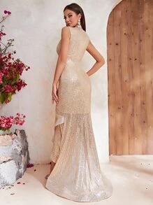 YISIKADO Surplice Neck Mermaid Hem Sequin Formal Dress - Champagne - View 2