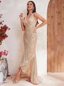 YISIKADO Surplice Neck Mermaid Hem Sequin Formal Dress - Champagne - View 3