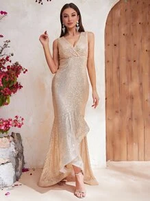 YISIKADO Surplice Neck Mermaid Hem Sequin Formal Dress - Champagne - View 4