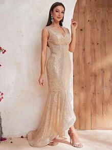 YISIKADO Surplice Neck Mermaid Hem Sequin Formal Dress - Champagne - View 5