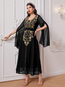 Al Najma Floral Embroidery Split Sleeve Dress, Modest - Black - View 1