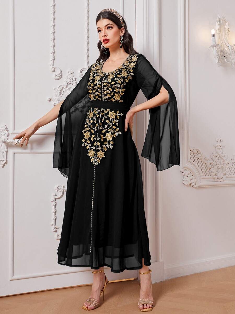 Al Najma Floral Embroidery Split Sleeve Dress, Modest - Black - View 1