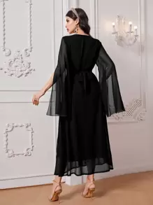 Al Najma Floral Embroidery Split Sleeve Dress, Modest - Black - View 2