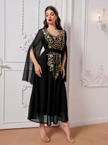 Al Najma Floral Embroidery Split Sleeve Dress, Modest - Black - View 3