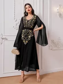 Al Najma Floral Embroidery Split Sleeve Dress, Modest - Black - View 4