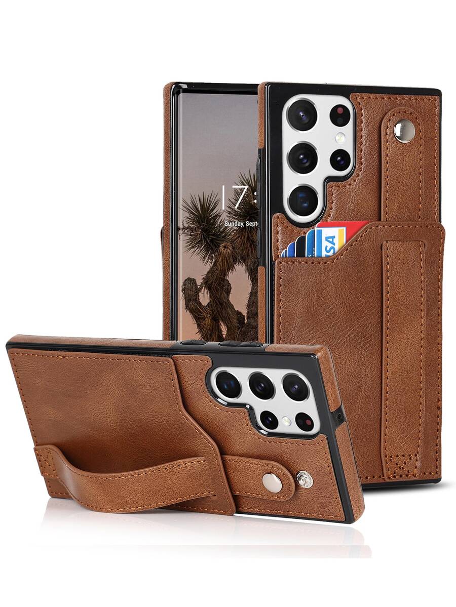 PU Card Slot Phone Case With Wristband Holder - Brown - View 1