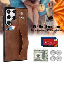 PU Card Slot Phone Case With Wristband Holder - Brown - View 4