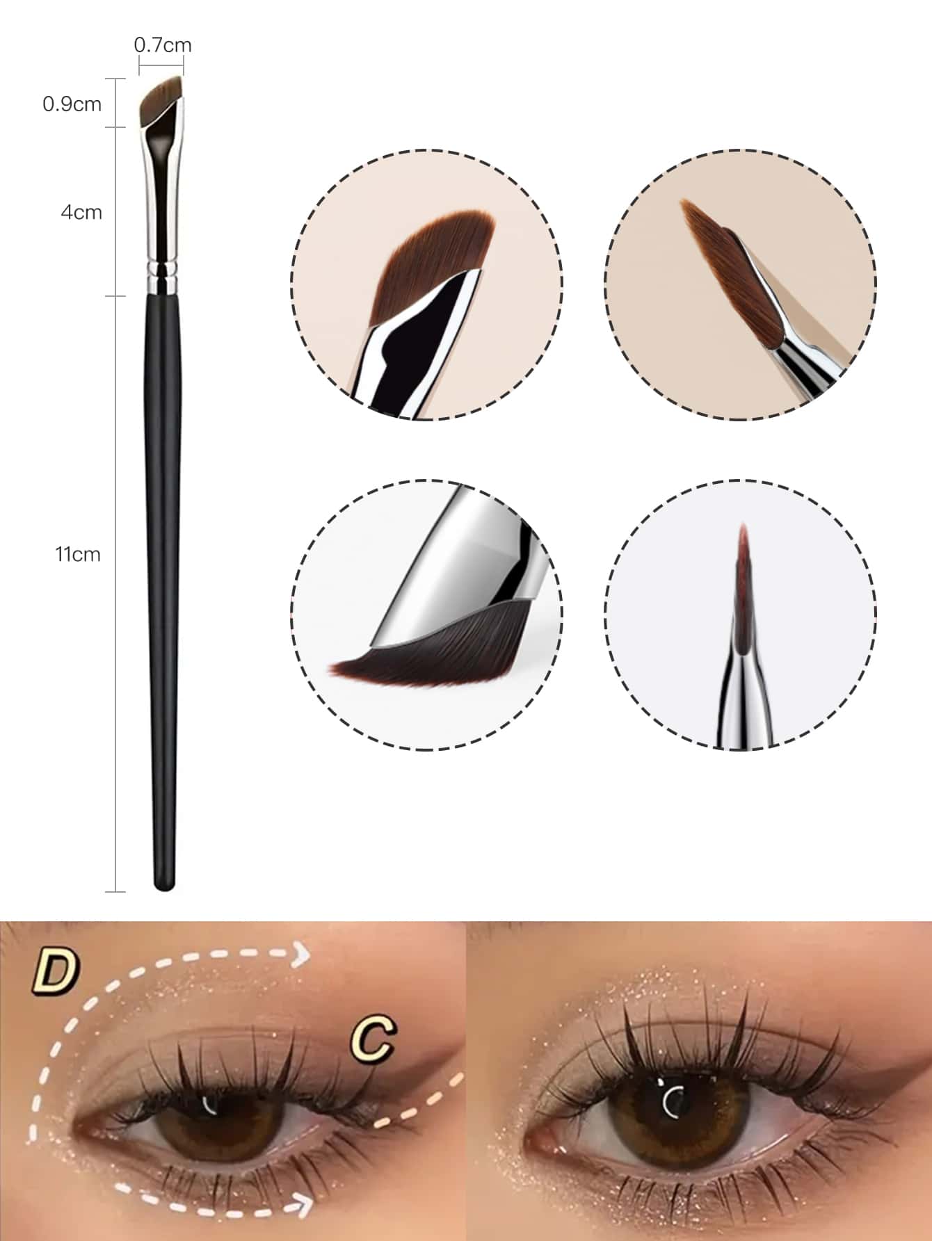 1 Pieza Pincel profesional para delineador de ojos, pincel para cejas en polvo, pincel plano, pincel para sombra de ojos, pincel tipo gusano de seda tumbado, pincel corrector, pincel de detalles para maquillaje - Negro - Ver 1