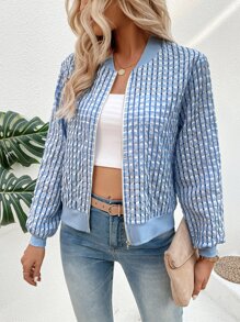 EMERY ROSE Plaid Print Zip Up Bomber Jacket Fall Winter Cloth For Women - Blue - View 5